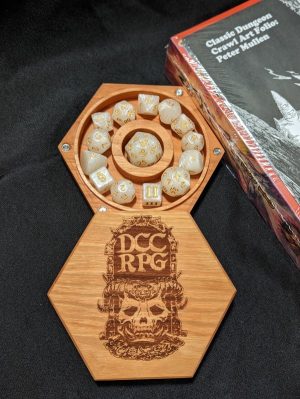 Custom Wooden DCC Dice Carrier: Cherry Wood with DCC Logo